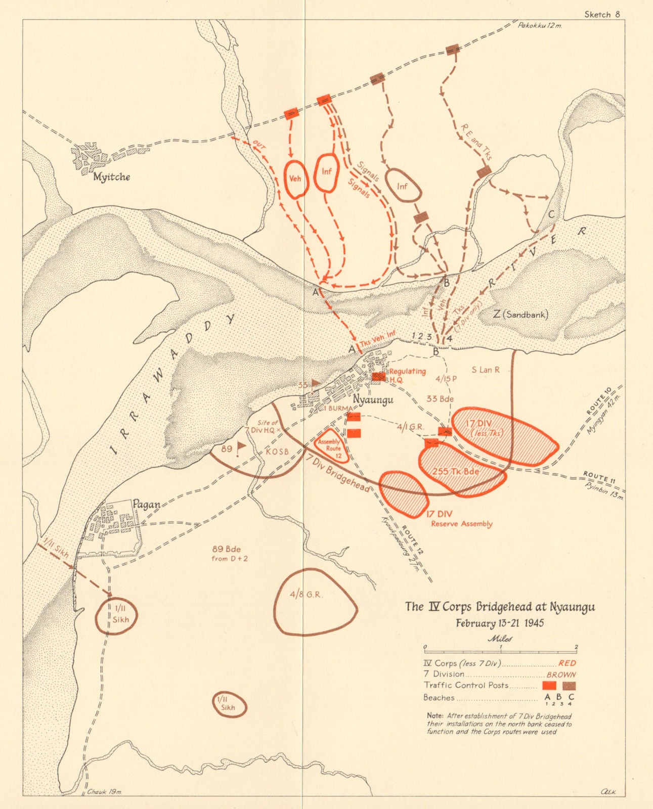 IV Corps Bridgehead, Nyaungu 13-21 Feb 1945. Burma Campaign World War 2 1965 map